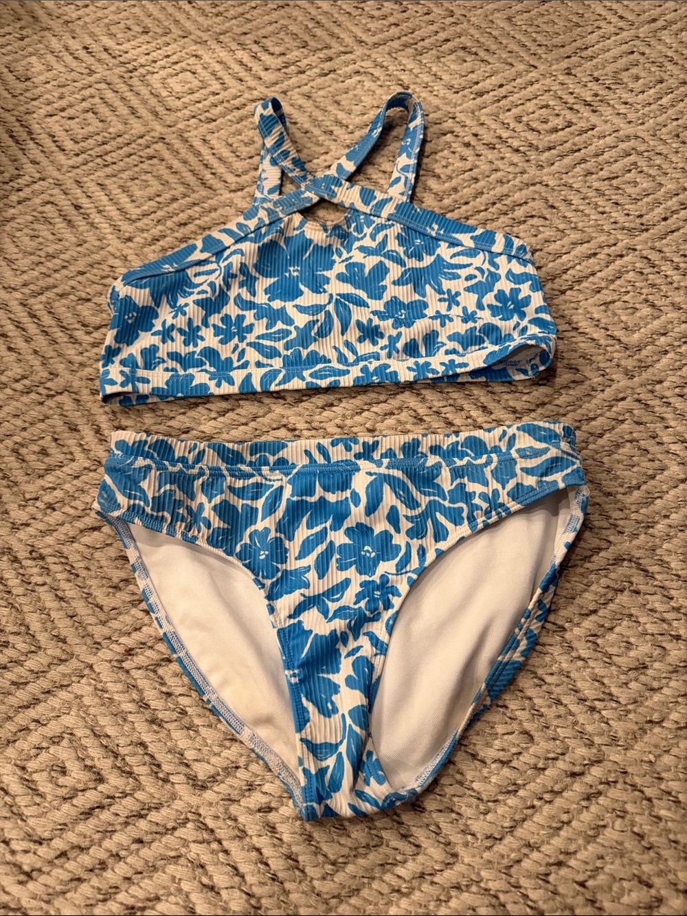 abercrombie kids Blue and White Floral Ribbed Bikini Set